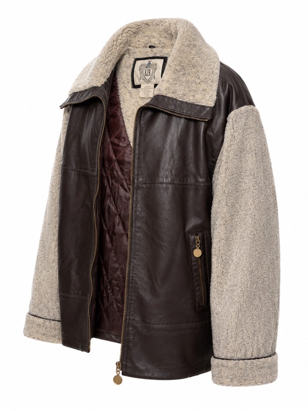 Men's Dark Brown Leather Bomber Jacket with Cream Sherpa